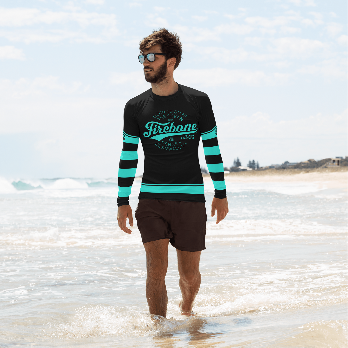 Men's Surf Skin Mint Blue on Black Rash Guard