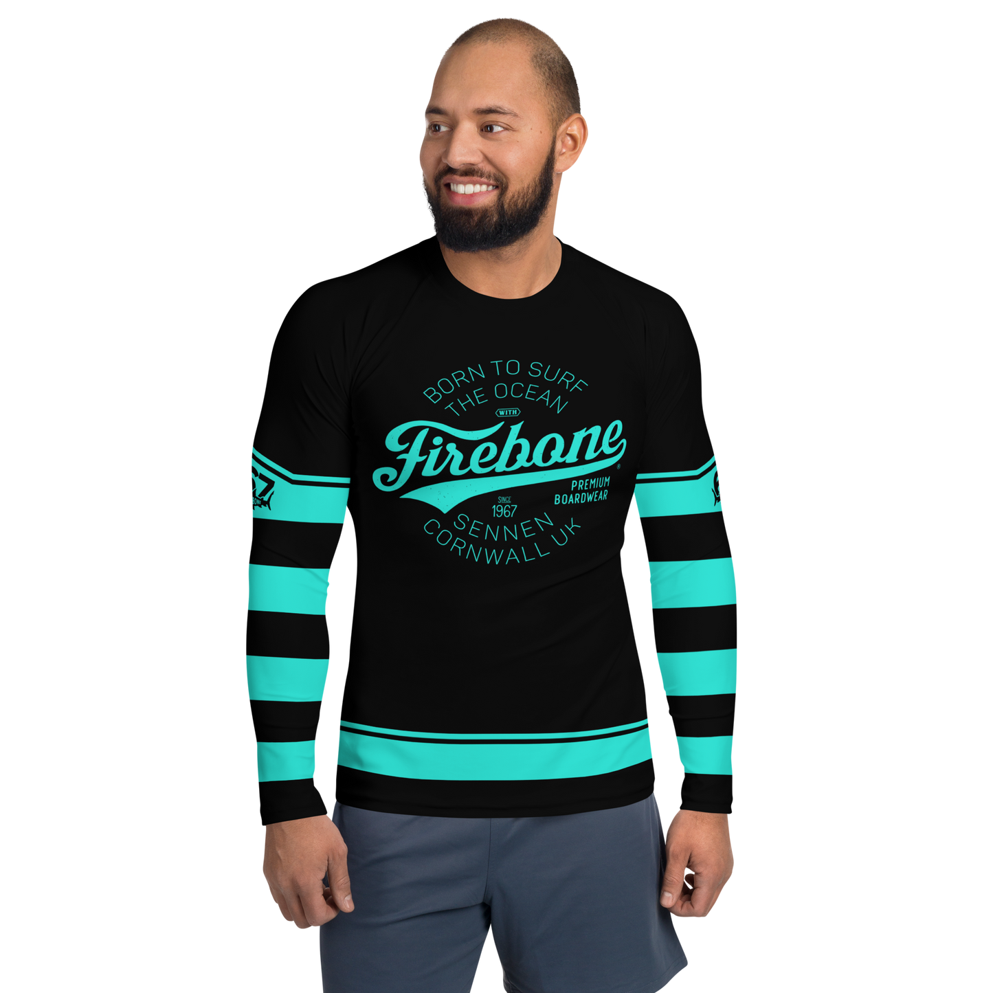 Men's Surf Skin Mint Blue on Black Rash Guard