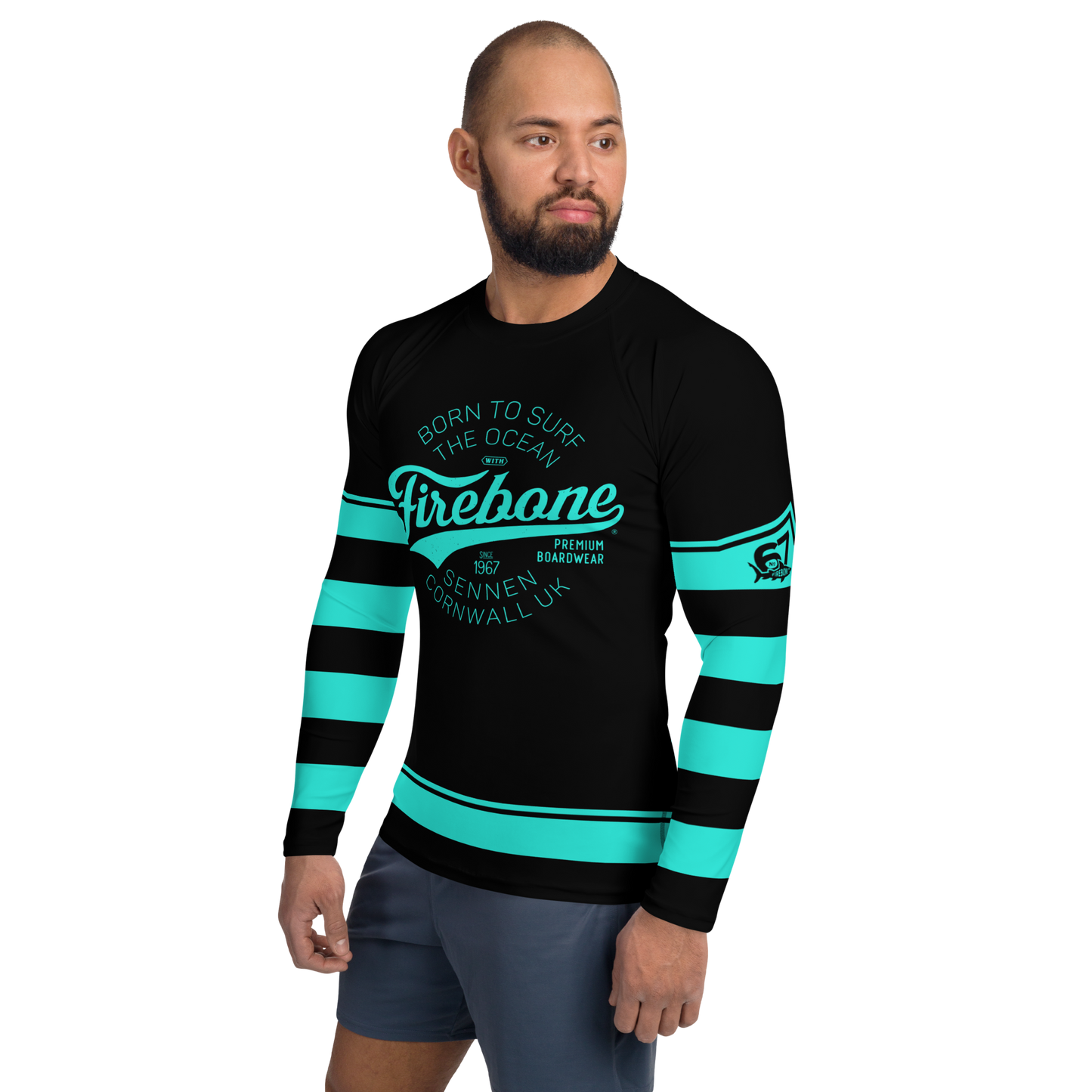 Men's Surf Skin Mint Blue on Black Rash Guard