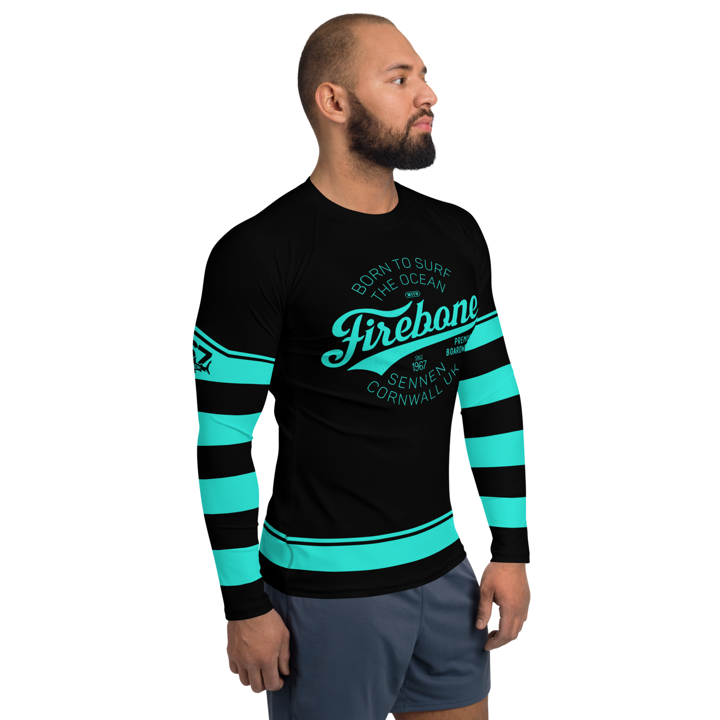 Men's Surf Skin Mint Blue on Black Rash Guard