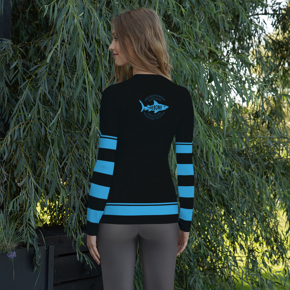 Women's Surf Skin Blue on Black Rash Guard