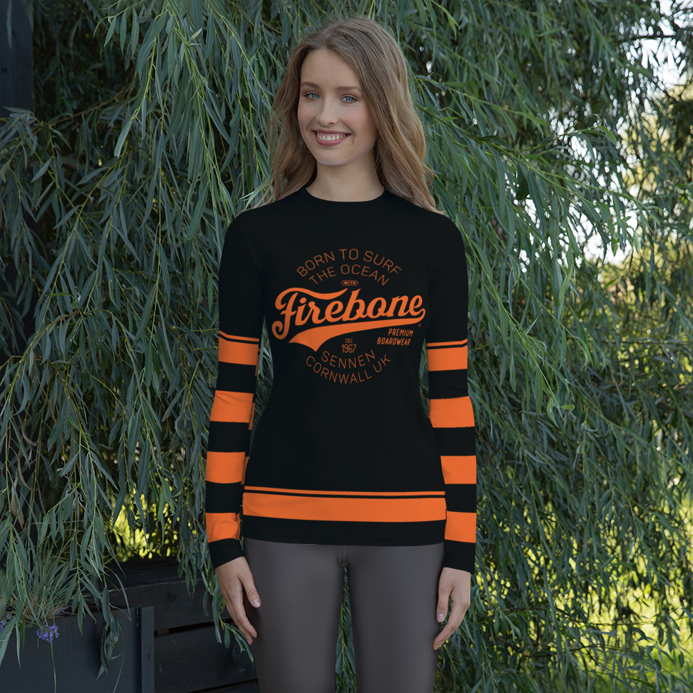 Women's Surf Skin Orange on Black Rash Guard