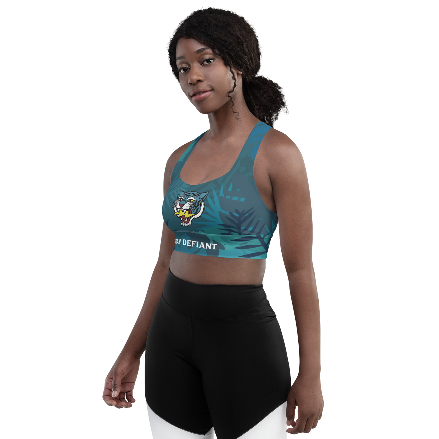 Jungle tiger - Mid blue longline sports bra - Firebone