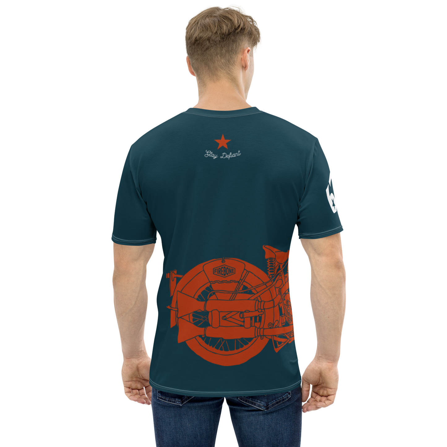 Vintage Motorcycle - Full wrap t-shirt red on navy - Firebone