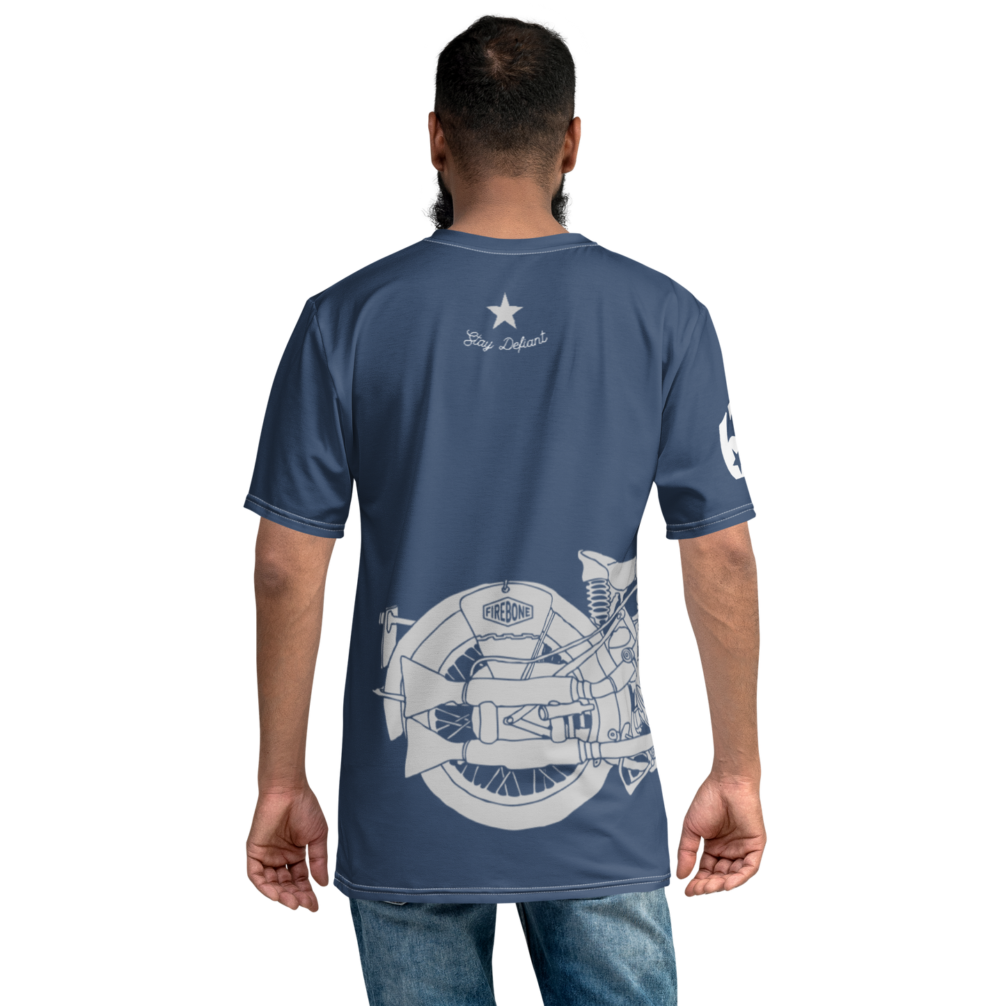 Vintage Motorcycle - Full wrap grey on navy t-shirt - Firebone