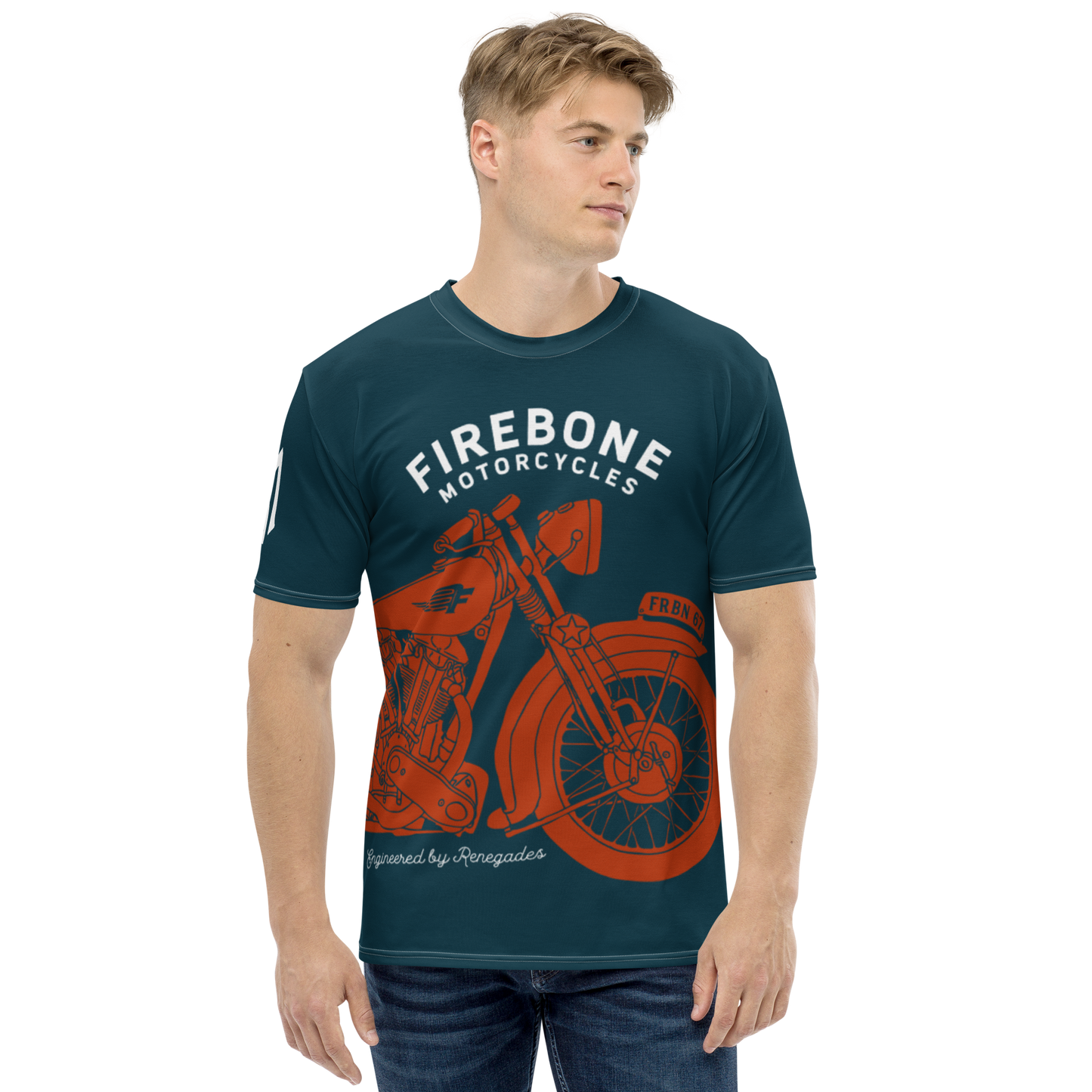 Vintage Motorcycle - Full wrap t-shirt red on navy - Firebone