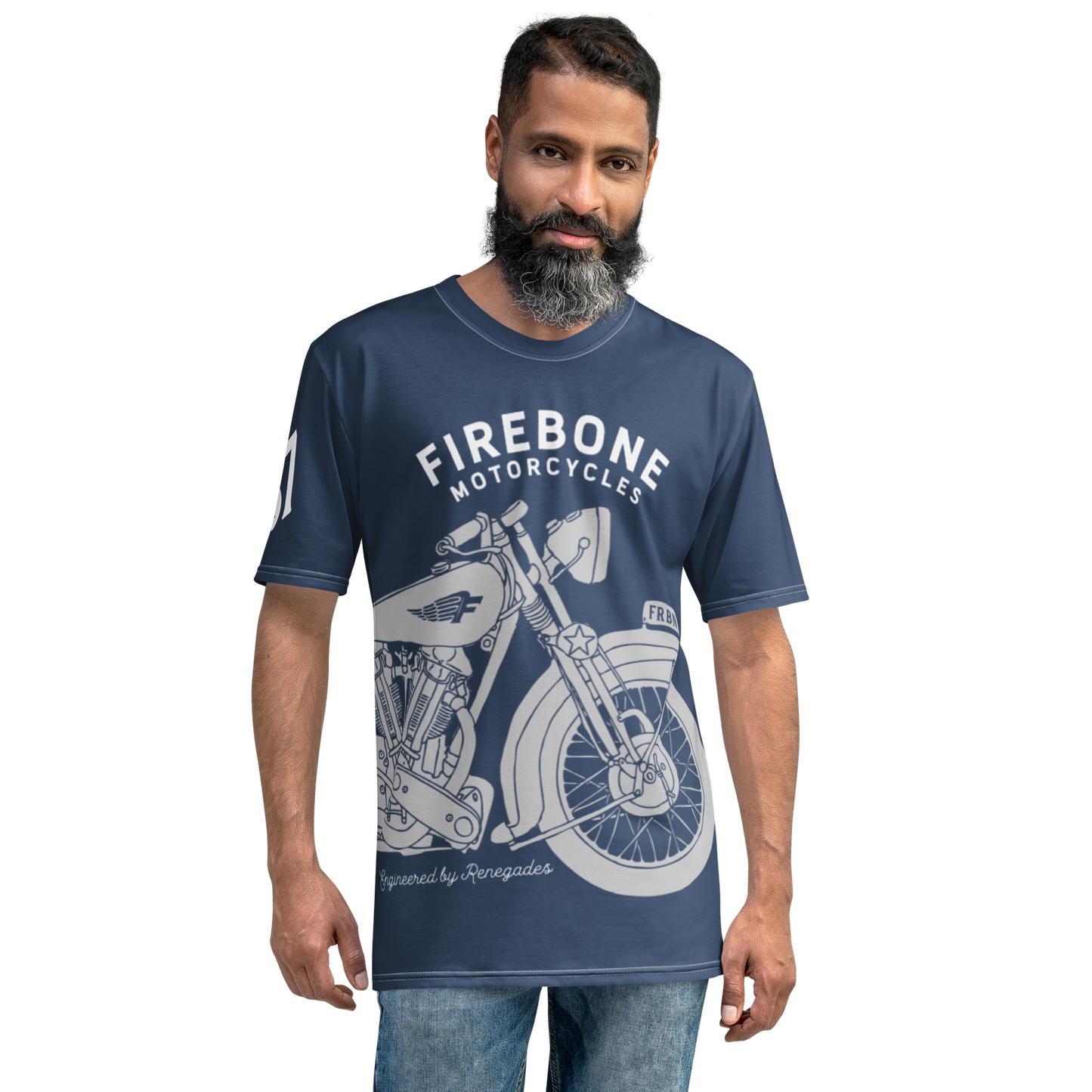 Vintage Motorcycle - Full wrap grey on navy t-shirt - Firebone