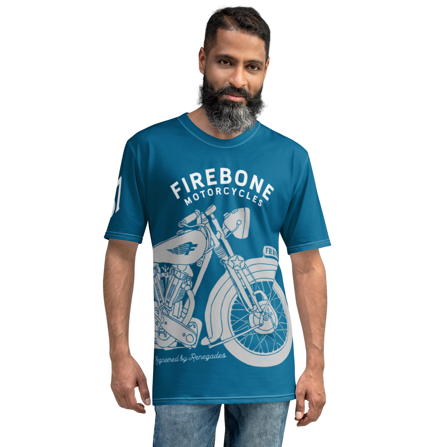 Vintage Motorcycle - Full wrap grey on light blue t-shirt - Firebone