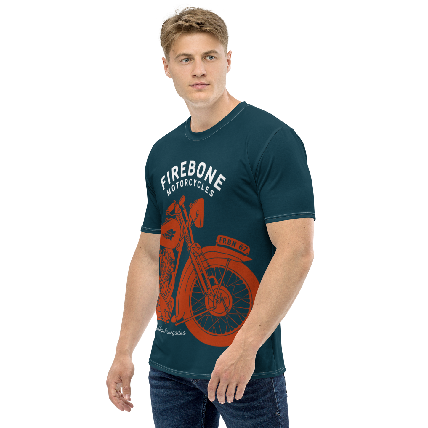 Vintage Motorcycle - Full wrap t-shirt red on navy - Firebone