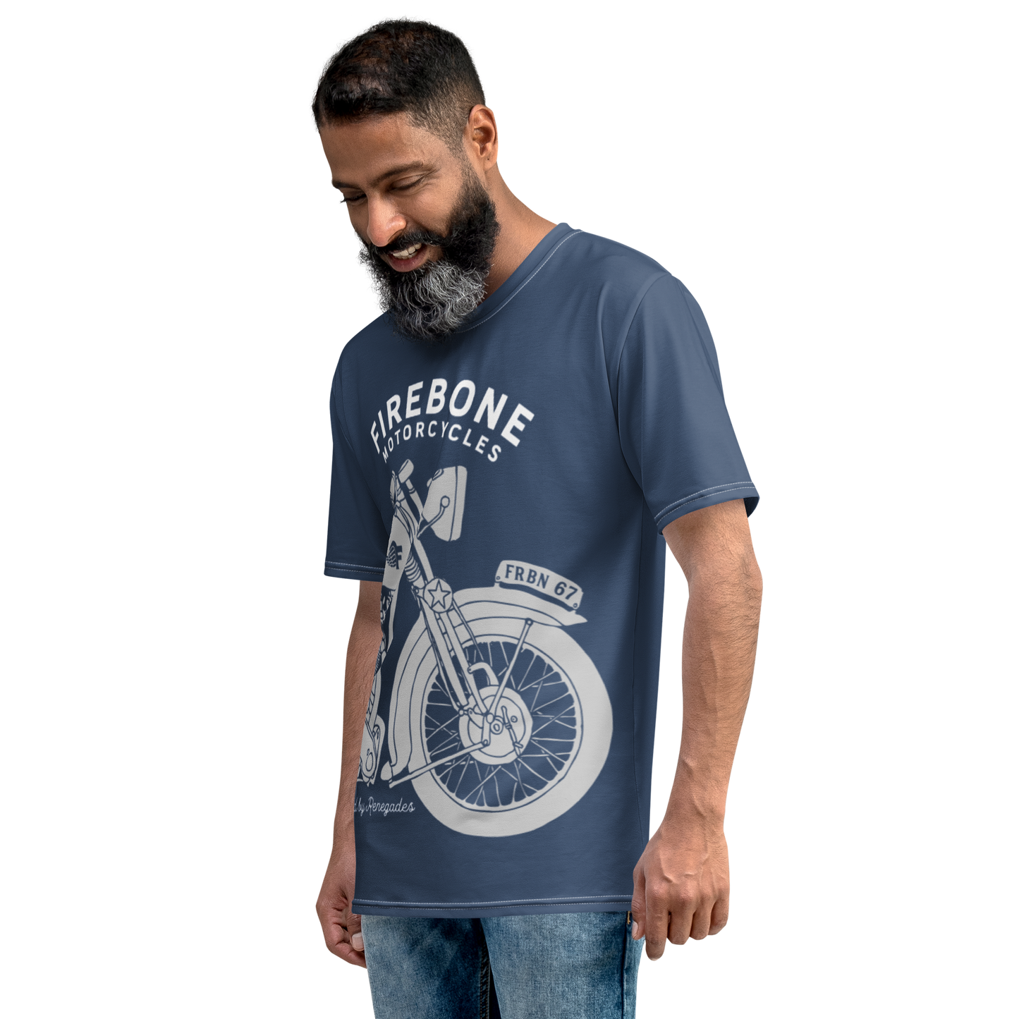 Vintage Motorcycle - Full wrap grey on navy t-shirt - Firebone