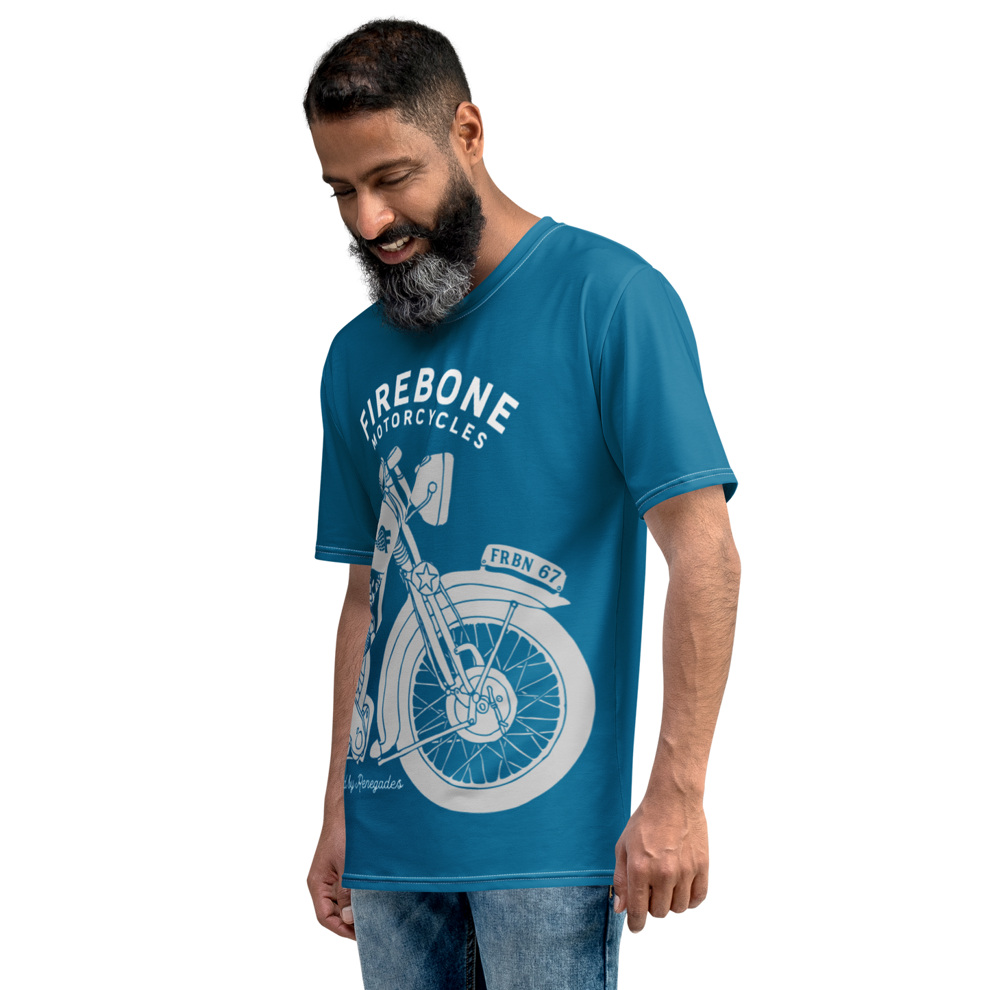 Vintage Motorcycle - Full wrap grey on light blue t-shirt - Firebone