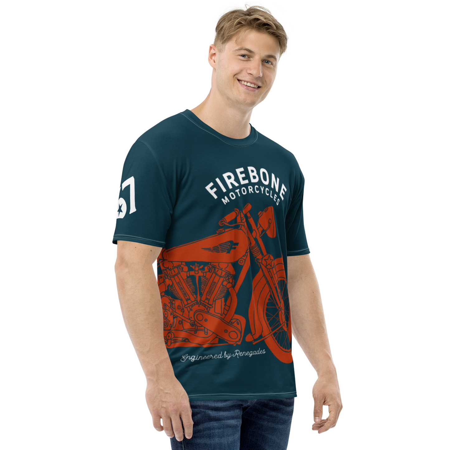 Vintage Motorcycle - Full wrap t-shirt red on navy - Firebone