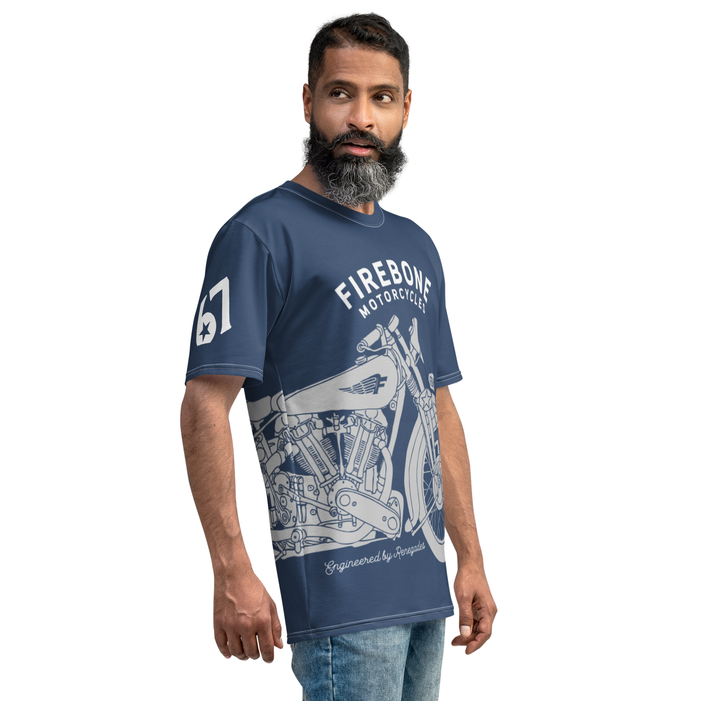 Vintage Motorcycle - Full wrap grey on navy t-shirt - Firebone