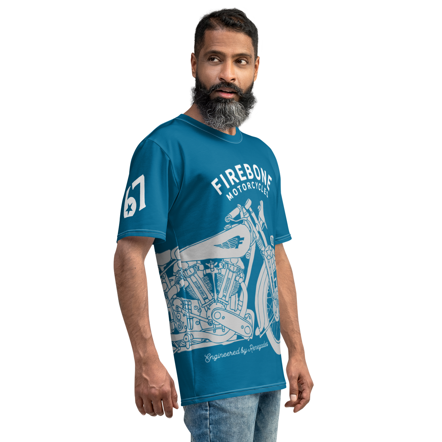 Vintage Motorcycle - Full wrap grey on light blue t-shirt - Firebone