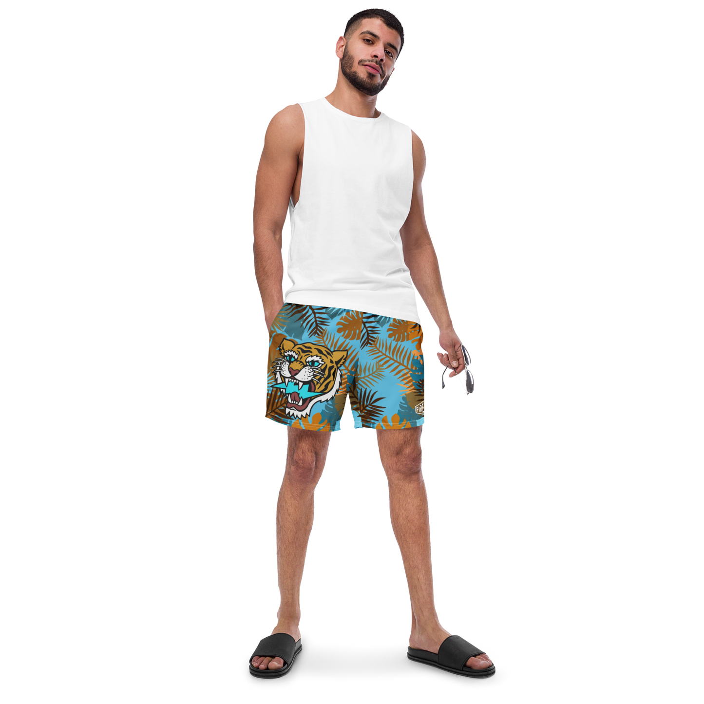 Jungle Tiger - Blue and orange men's swim trunks - Firebone