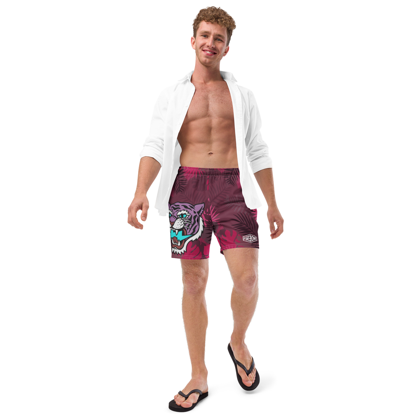 Jungle Tiger - Burgundy and hot pink men's swim trunks - Firebone