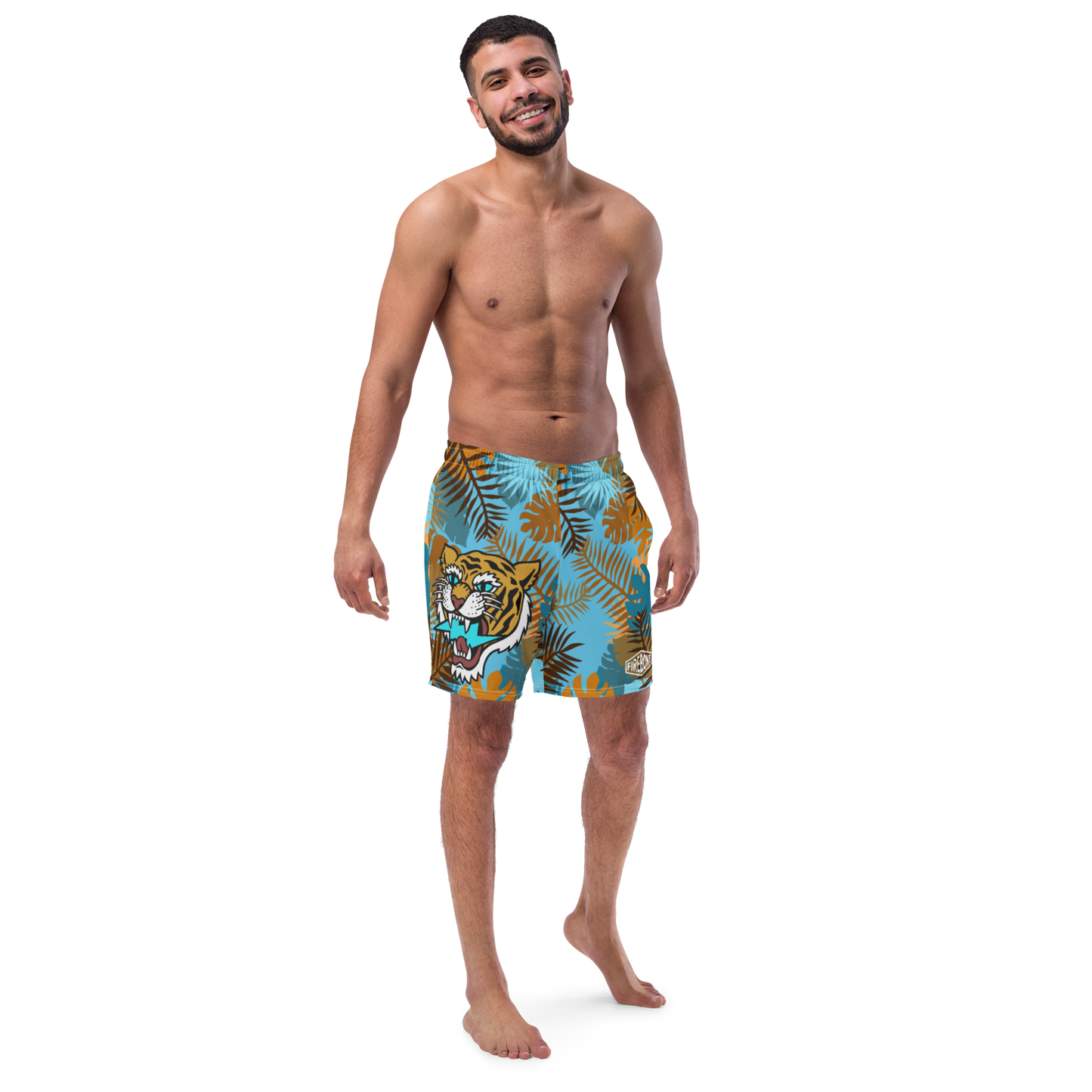 Jungle Tiger - Blue and orange men's swim trunks - Firebone