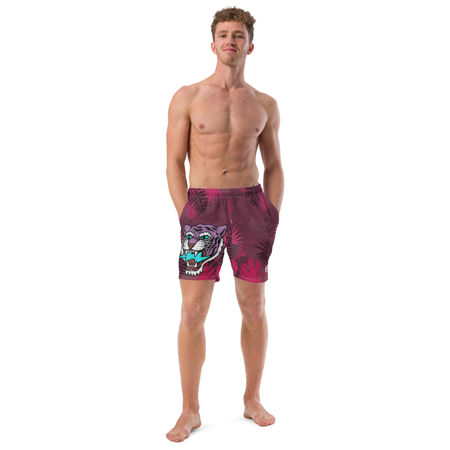 Jungle Tiger - Burgundy and hot pink men's swim trunks - Firebone