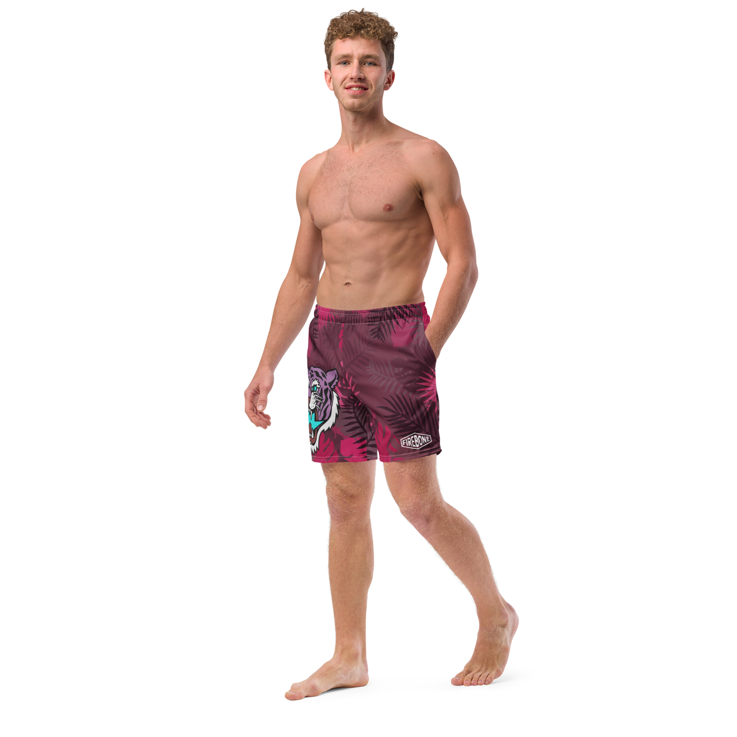 Jungle Tiger - Burgundy and hot pink men's swim trunks - Firebone