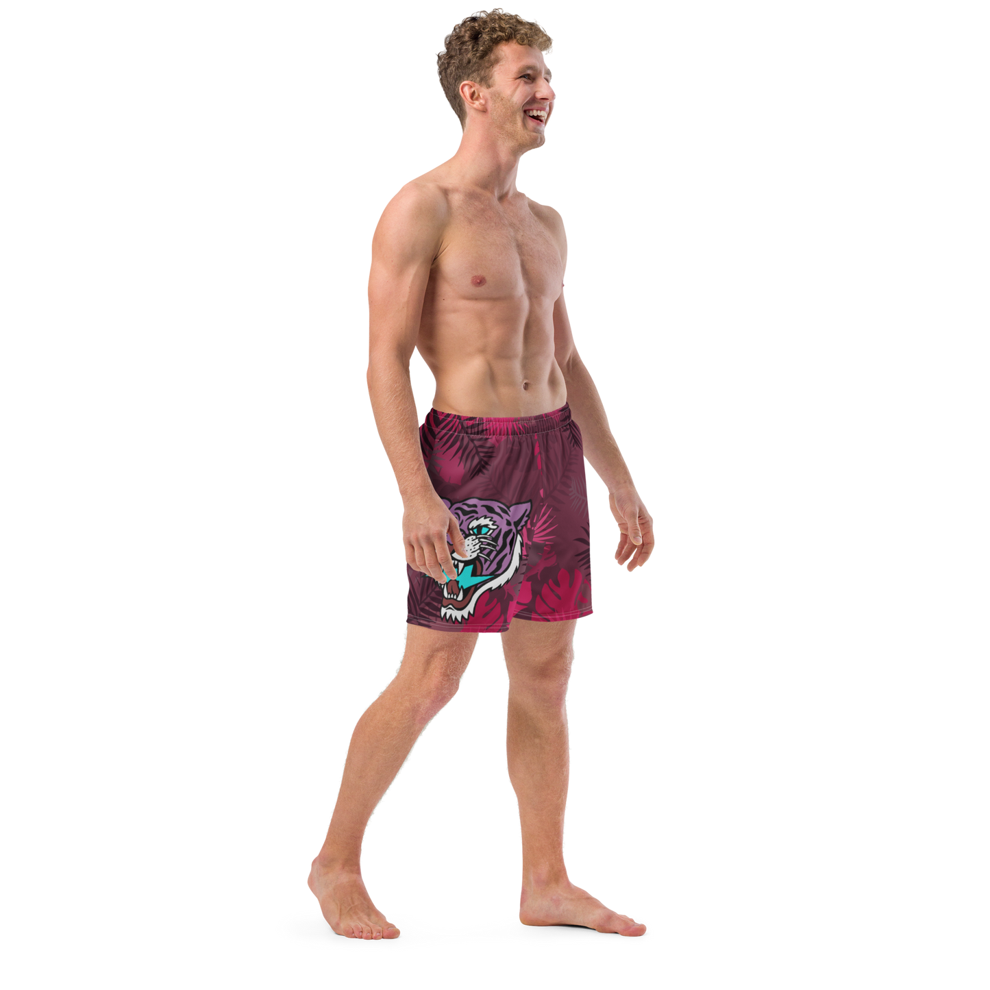 Jungle Tiger - Burgundy and hot pink men's swim trunks - Firebone