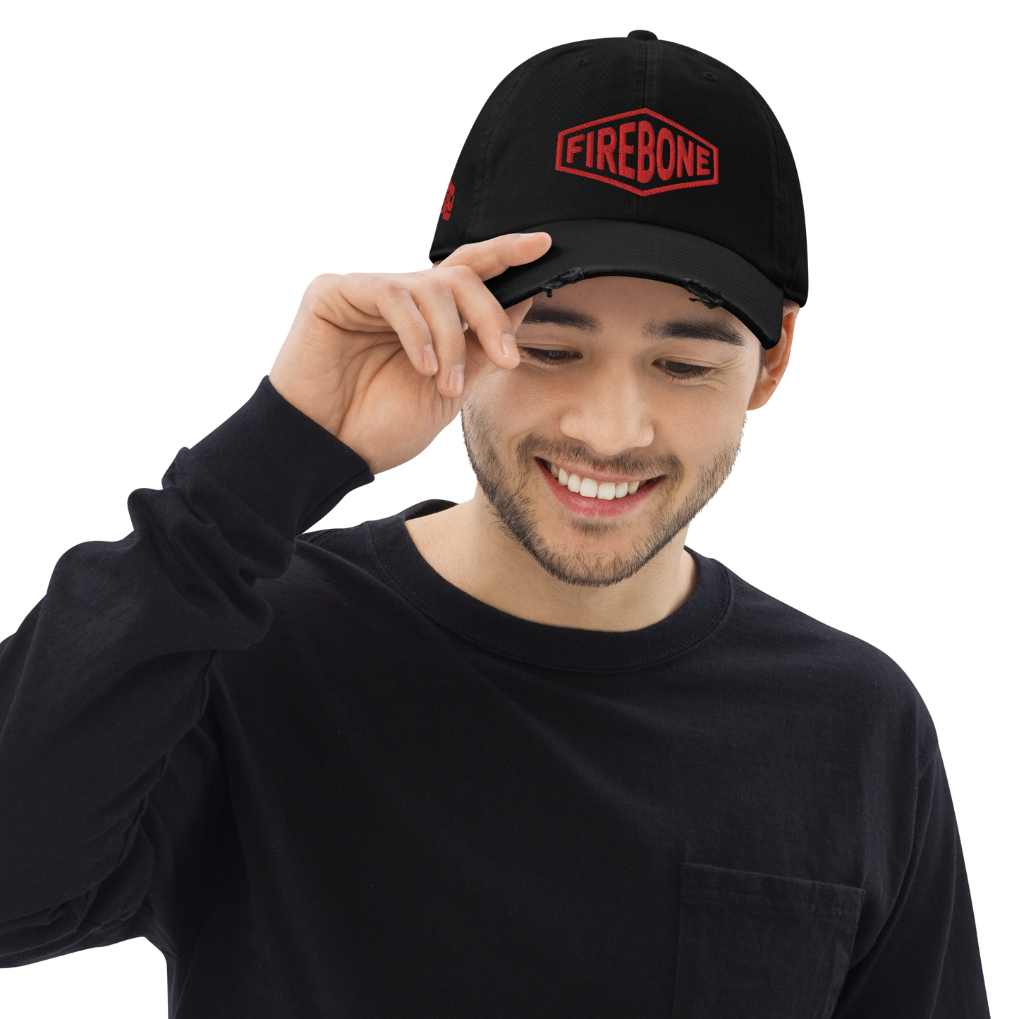 Firebone lozenge - Branded red out of black distressed baseball cap - Firebone