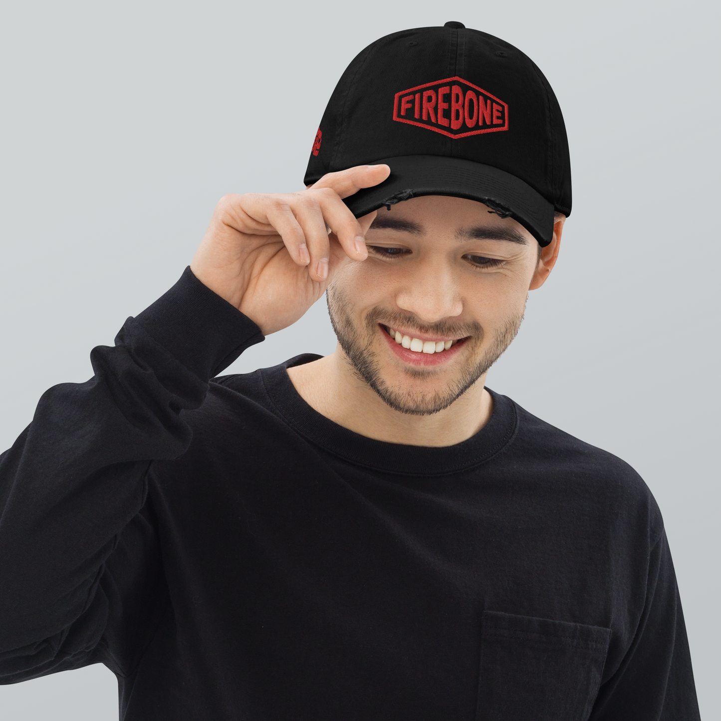 Firebone lozenge - Branded red out of black distressed baseball cap - Firebone