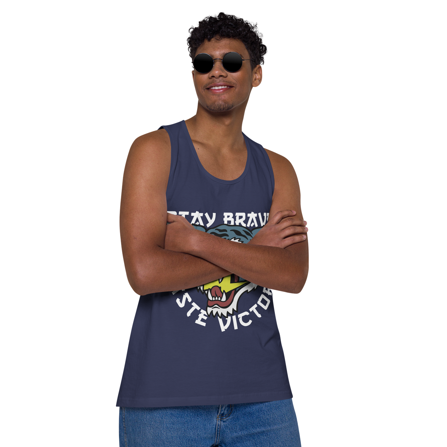 Stay Brave Tiger - Harbour blue men’s premium tank top - Firebone