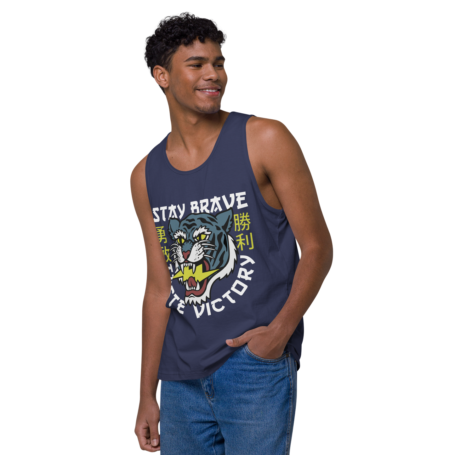 Stay Brave Tiger - Harbour blue men’s premium tank top - Firebone
