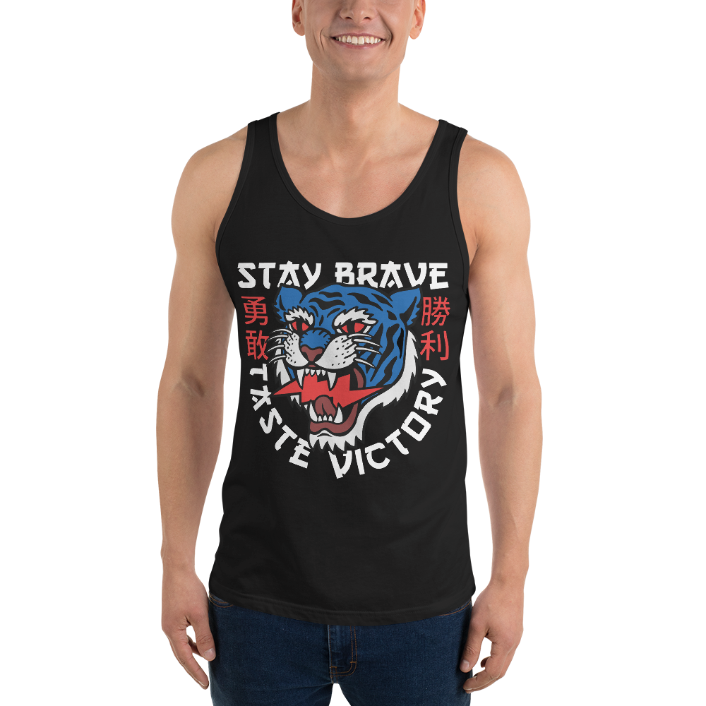 Stay Brave Tiger - Blue on black tank top - Firebone