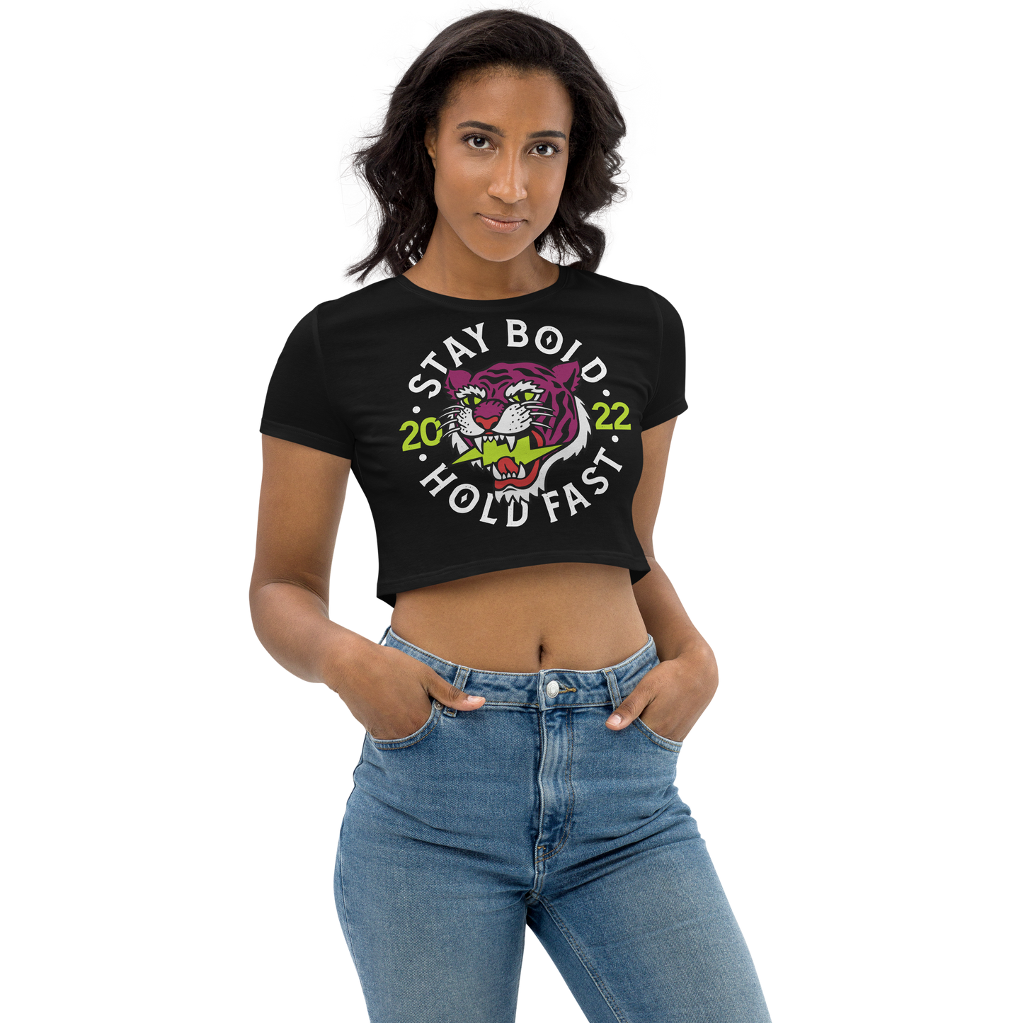 Stay bold - Pink on black organic crop top - Firebone