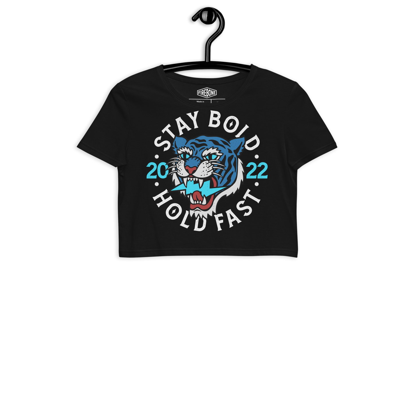 Stay bold - Blue on black organic crop top - Firebone