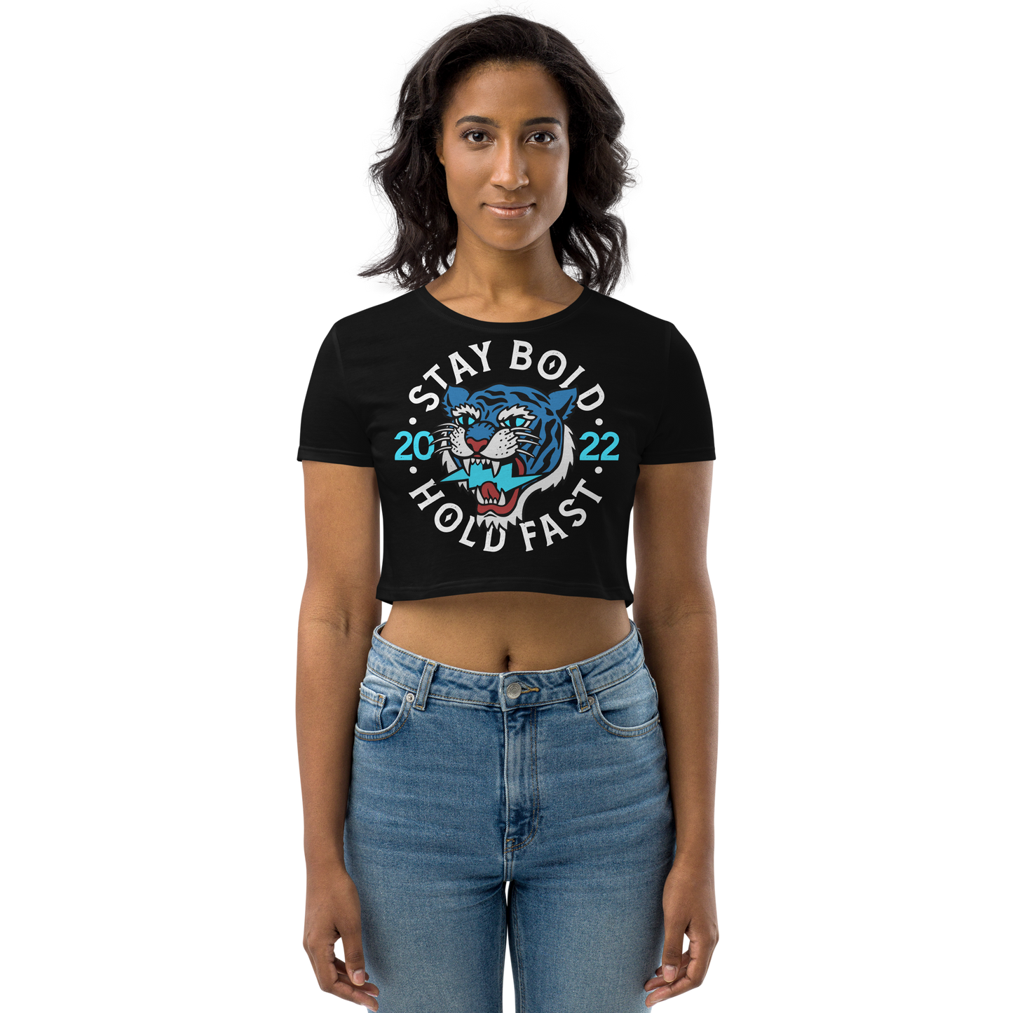 Stay bold - Blue on black organic crop top - Firebone
