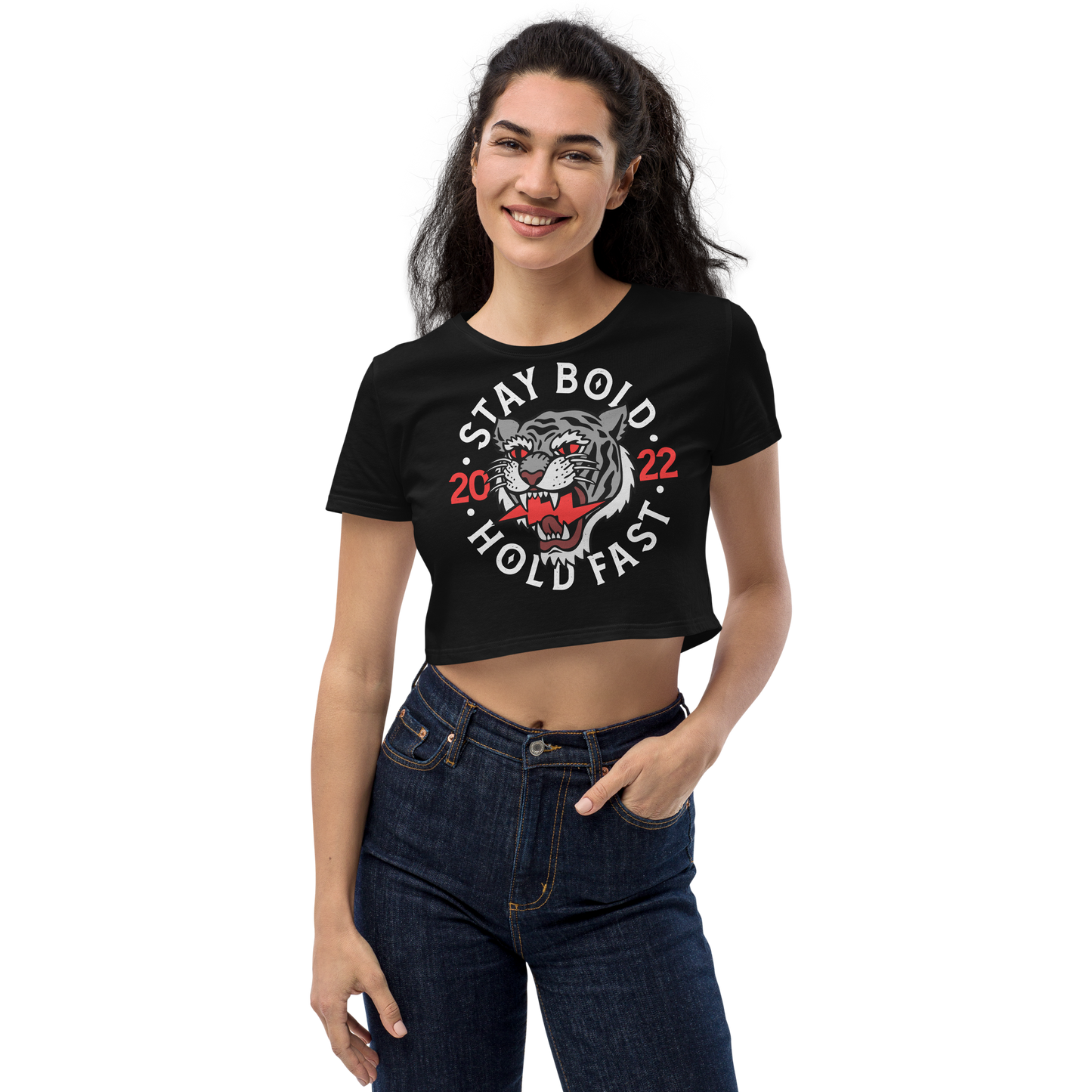 Stay bold - Grey on black organic crop top - Firebone