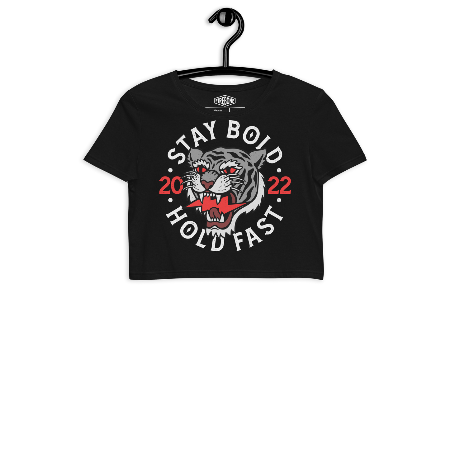 Stay bold - Grey on black organic crop top - Firebone