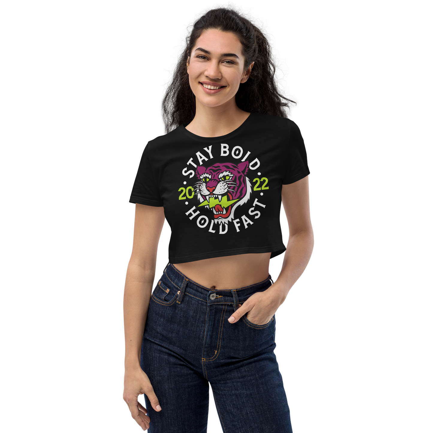 Stay bold - Pink on black organic crop top - Firebone