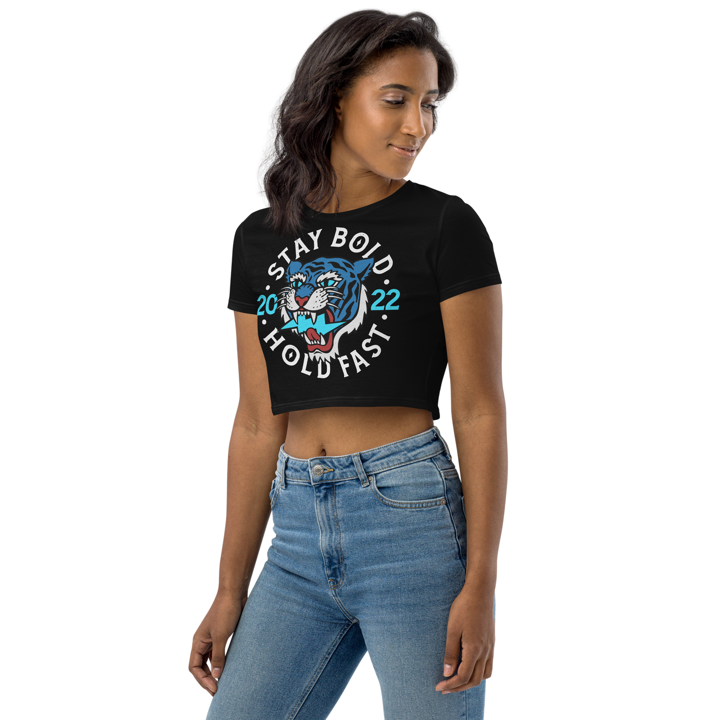 Stay bold - Blue on black organic crop top - Firebone