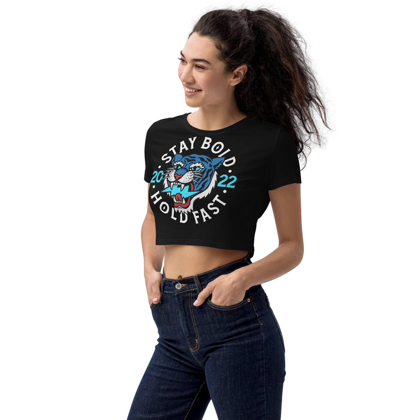 Stay bold - Blue on black organic crop top - Firebone