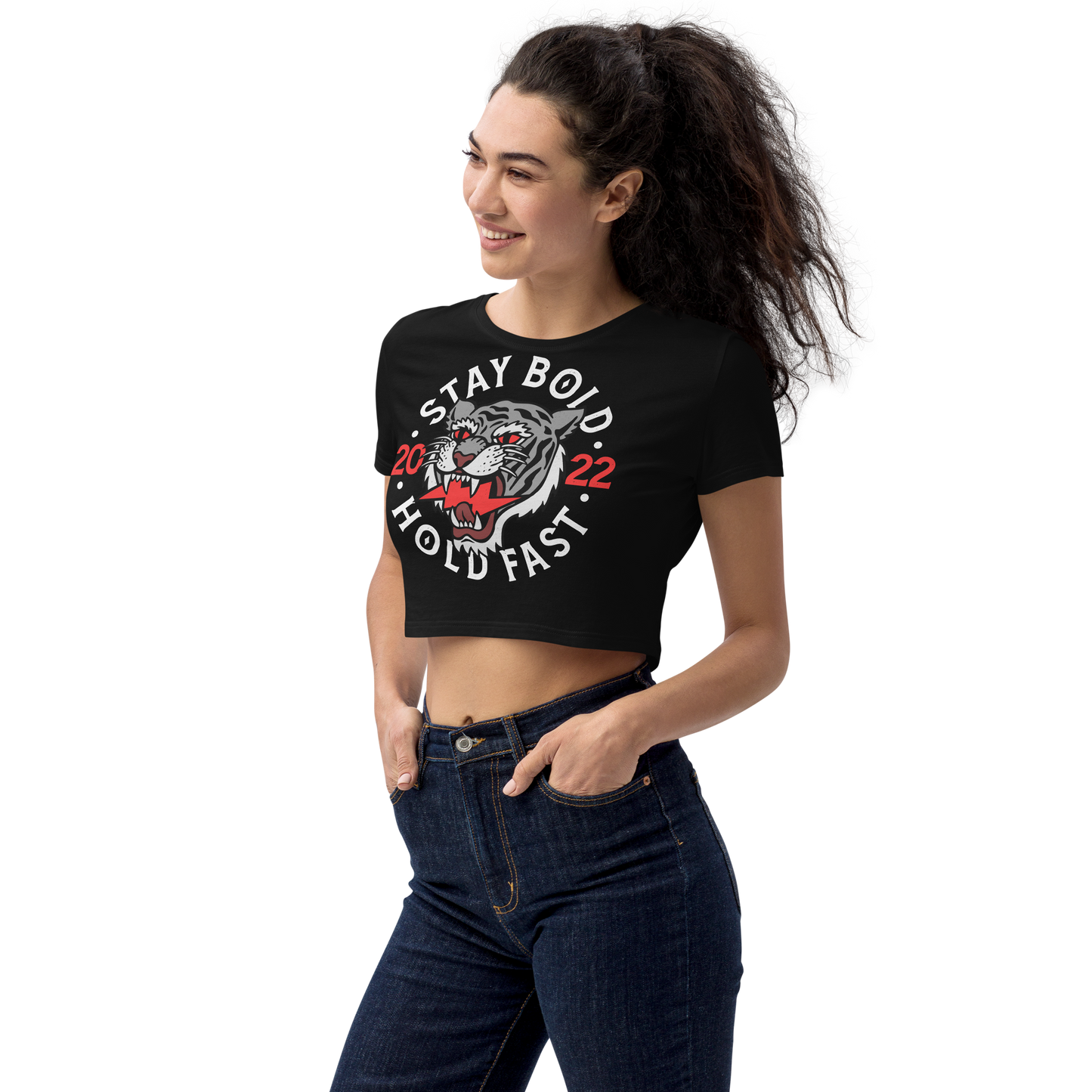 Stay bold - Grey on black organic crop top - Firebone