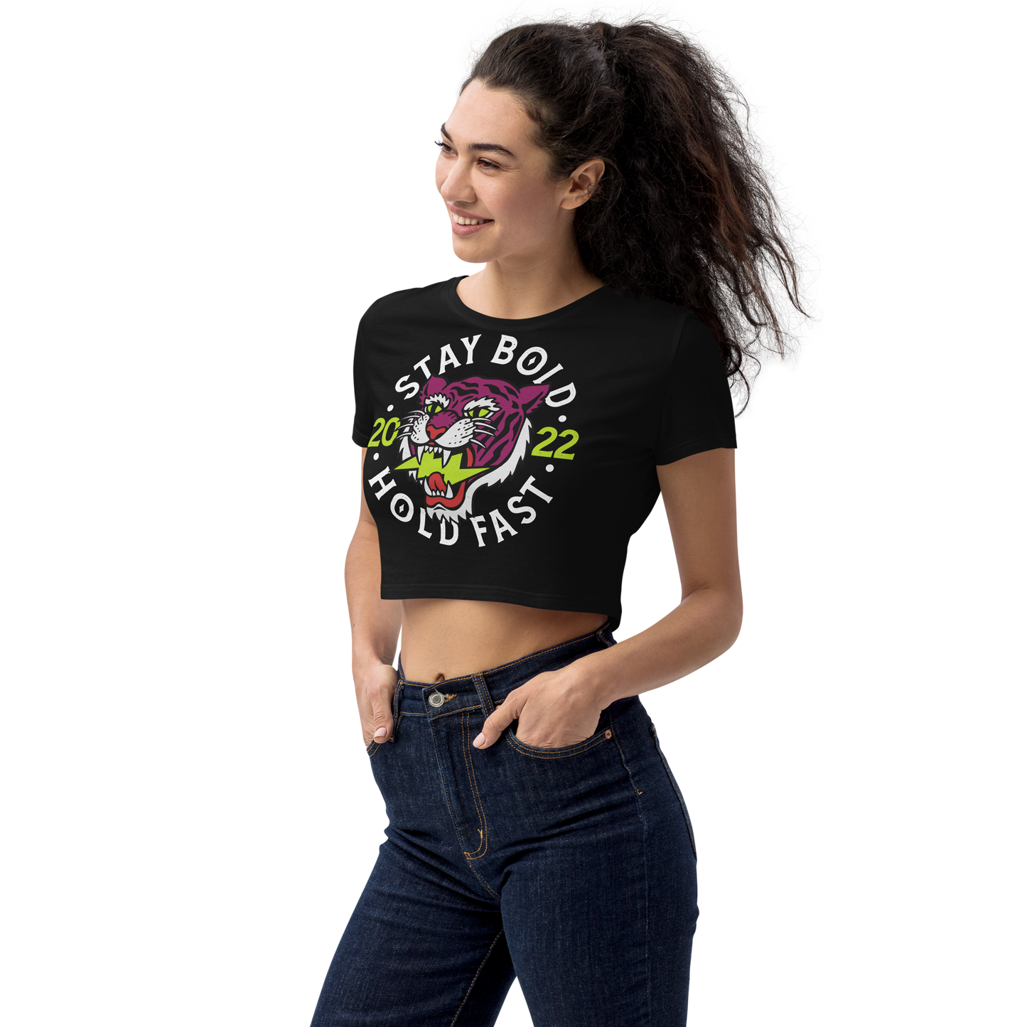 Stay bold - Pink on black organic crop top - Firebone
