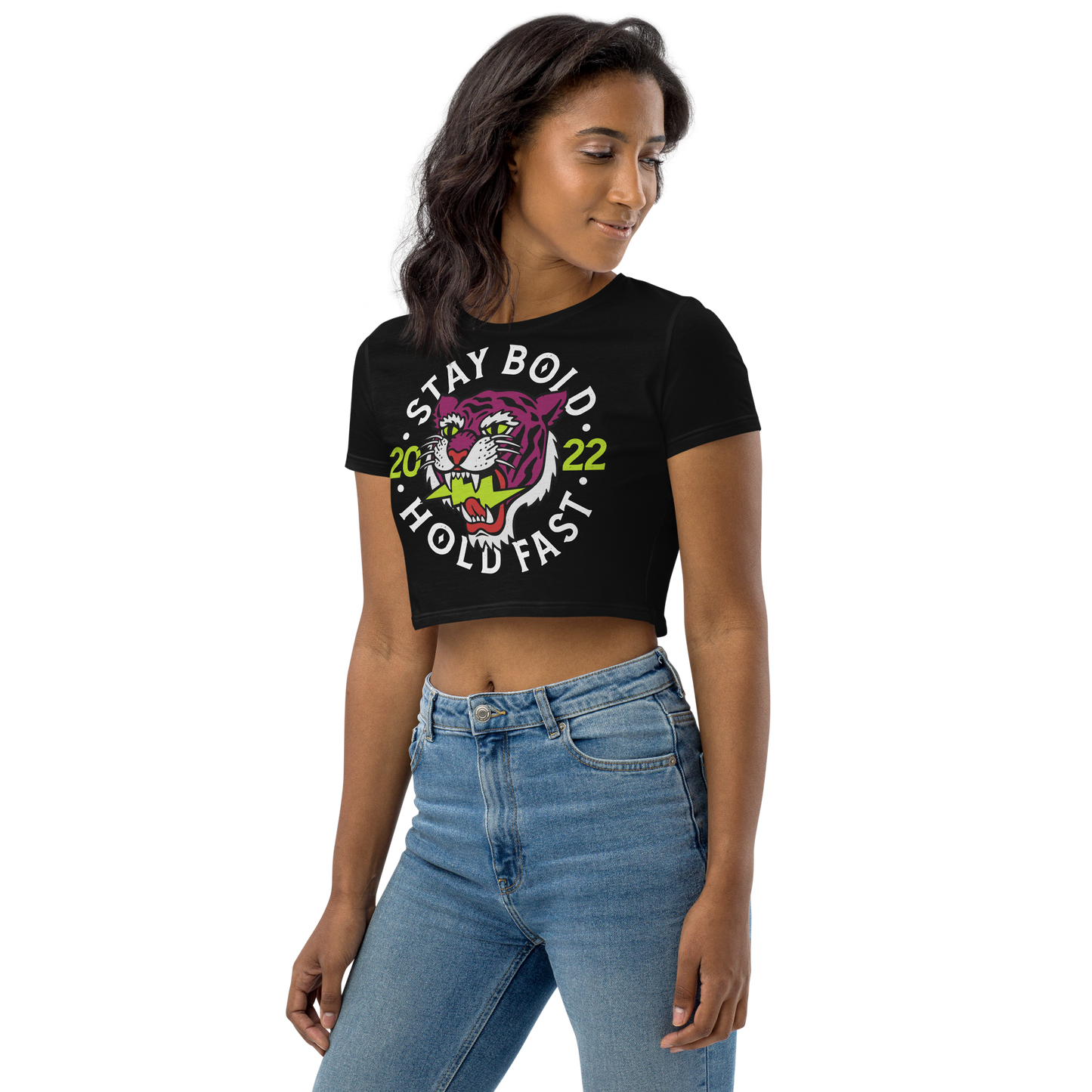 Stay bold - Pink on black organic crop top - Firebone
