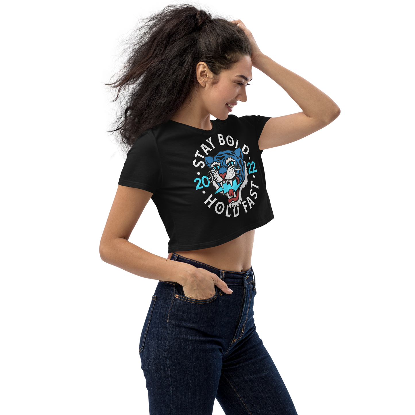 Stay bold - Blue on black organic crop top - Firebone