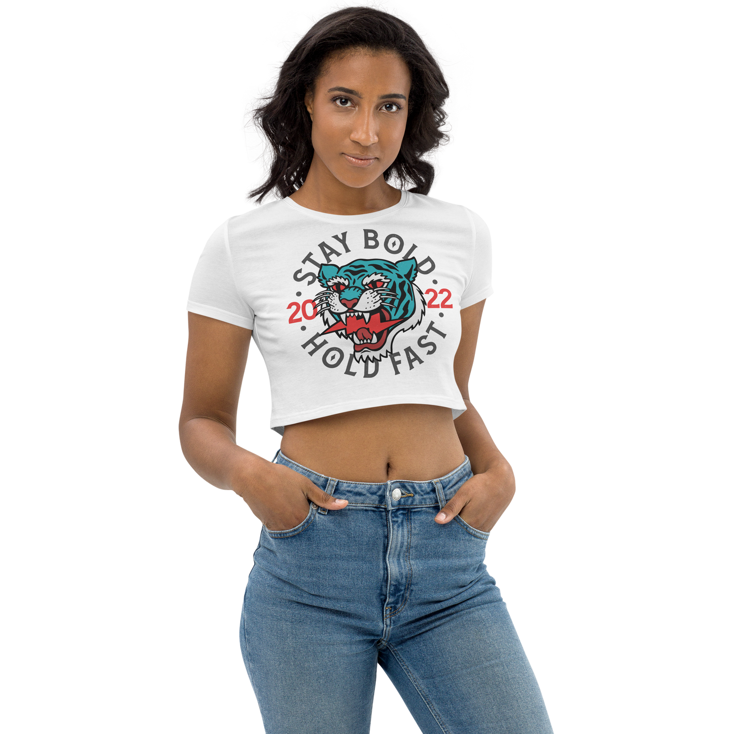Stay bold - Blue on white organic crop top - Firebone