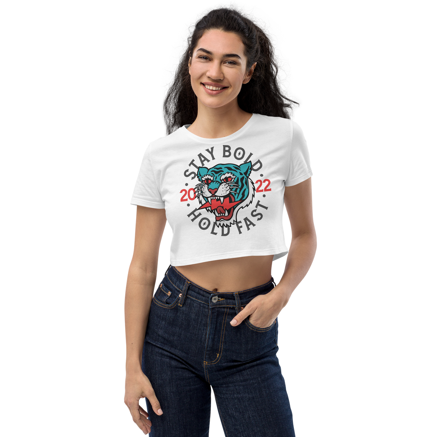 Stay bold - Blue on white organic crop top - Firebone