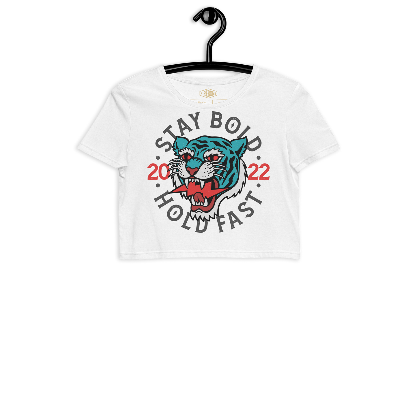 Stay bold - Blue on white organic crop top - Firebone