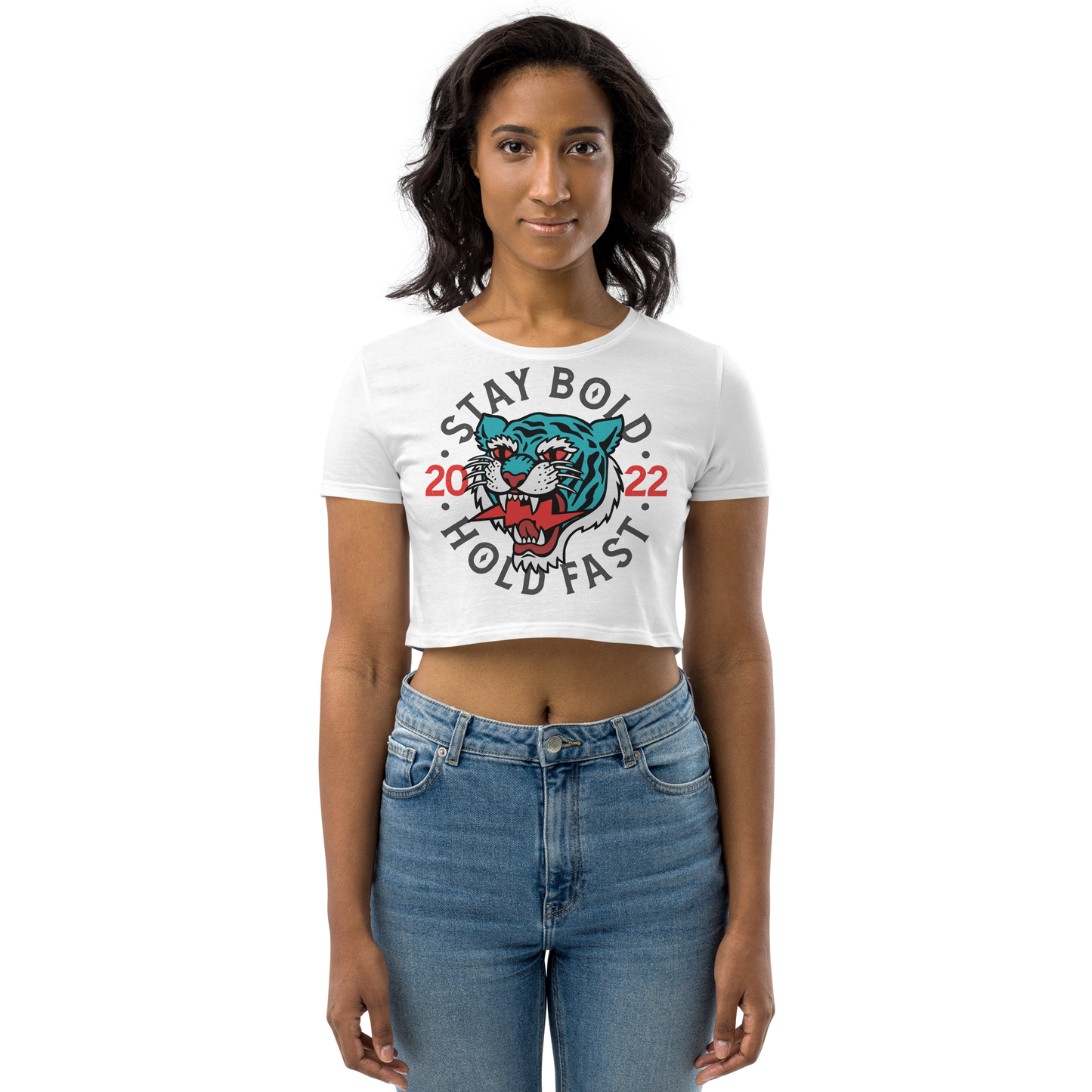 Stay bold - Blue on white organic crop top - Firebone