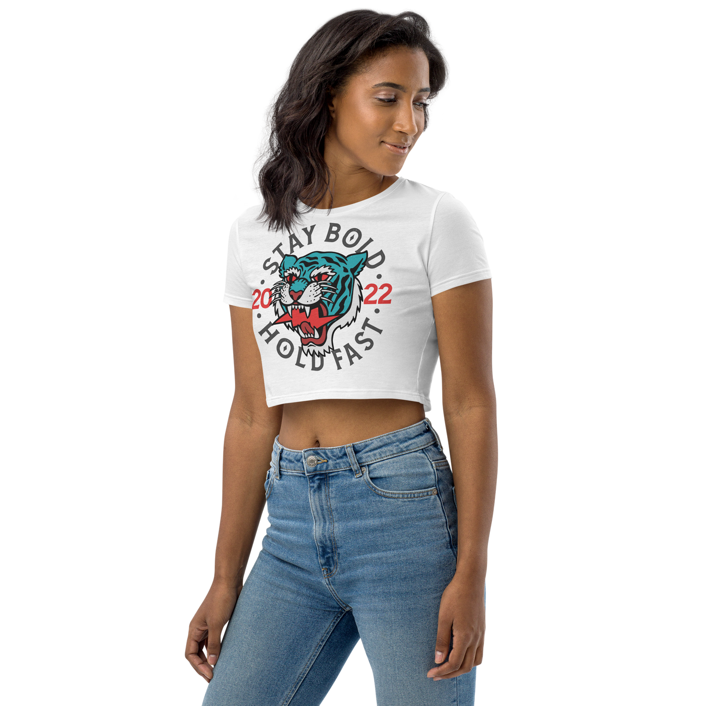 Stay bold - Blue on white organic crop top - Firebone