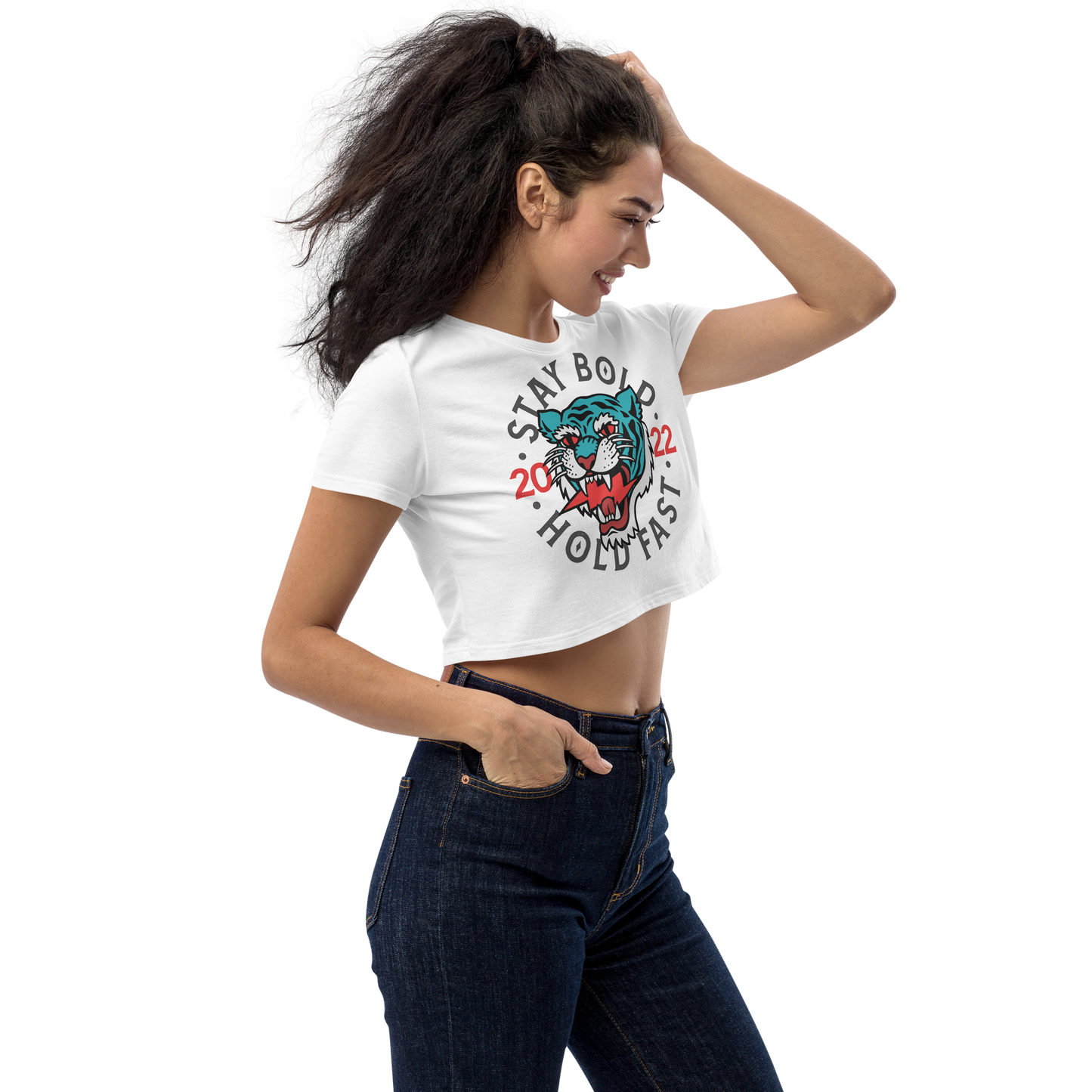 Stay bold - Blue on white organic crop top - Firebone