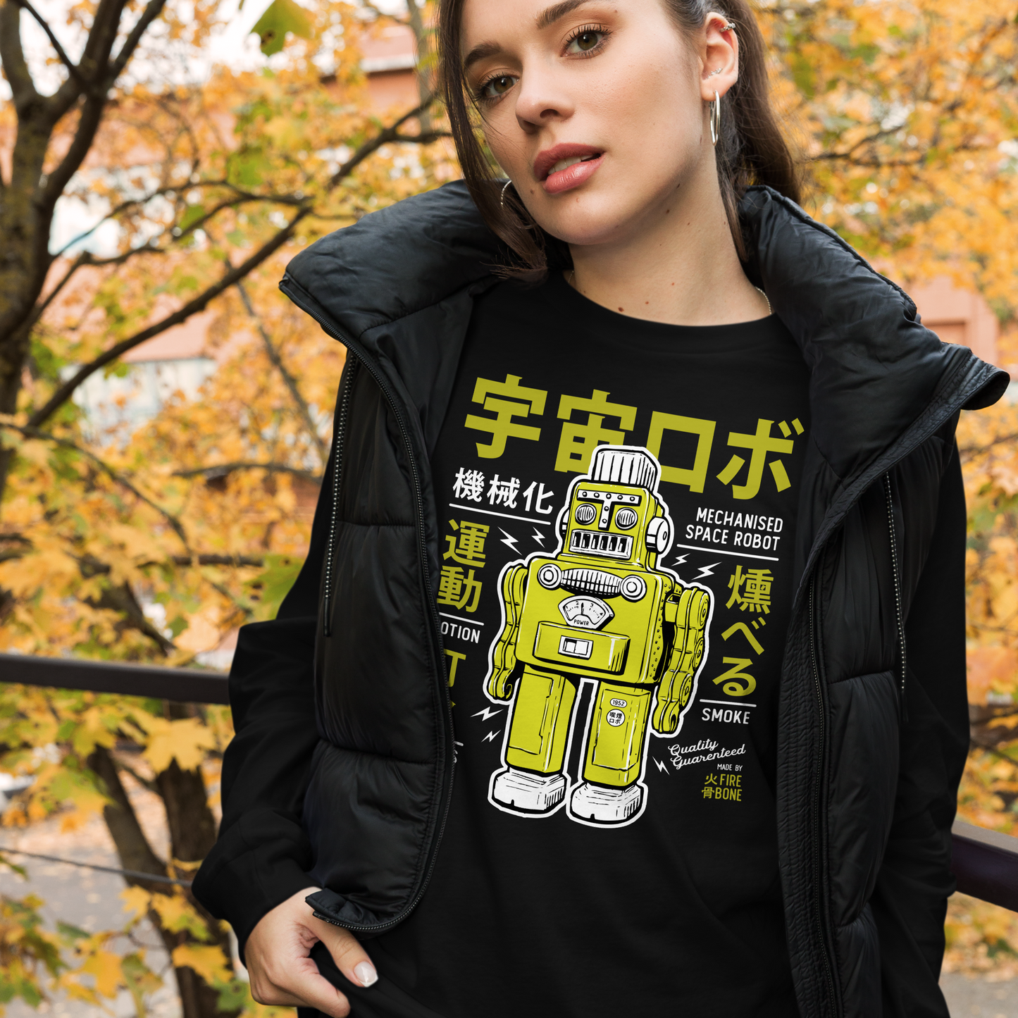 Smoking robot - Lime on black long sleeve tee - Firebone