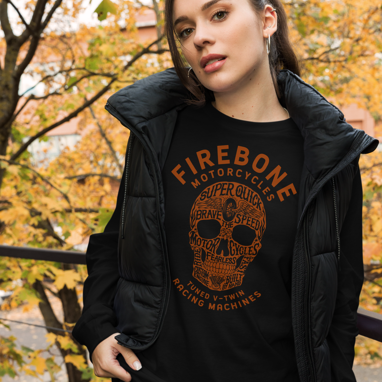 Super quick skull - Orange on dark long sleeve tee - Firebone