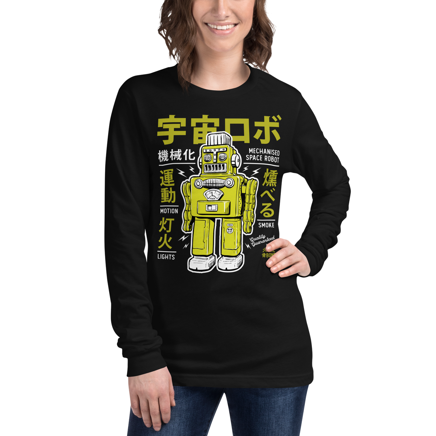 Smoking robot - Lime on black long sleeve tee - Firebone